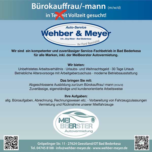 Autoservice Wehber & Meyer Stellenangebot Bürokraft (m/w/d)